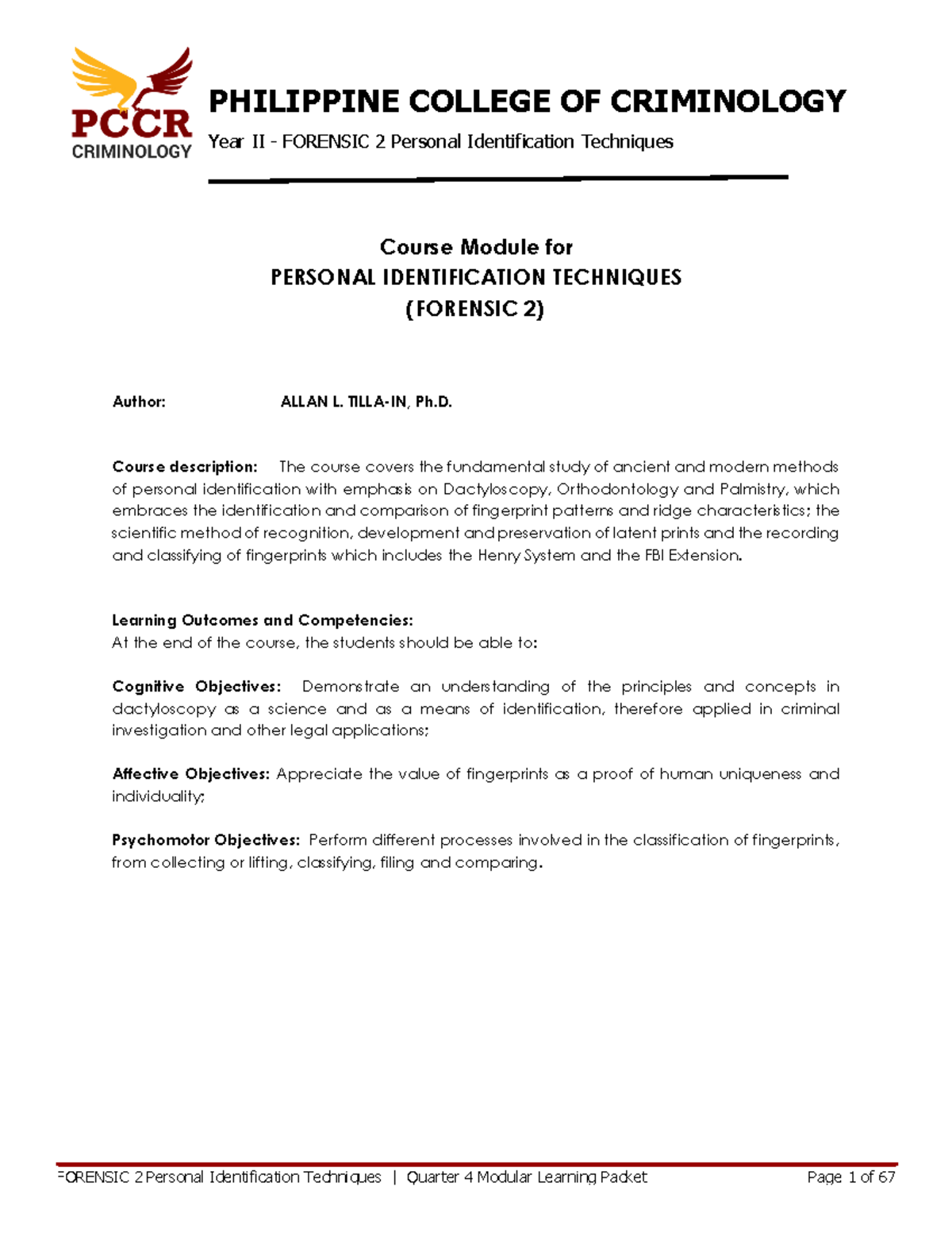 Final Exam Guide - FORENSIC 2 Personal Identification Techniques - Studocu