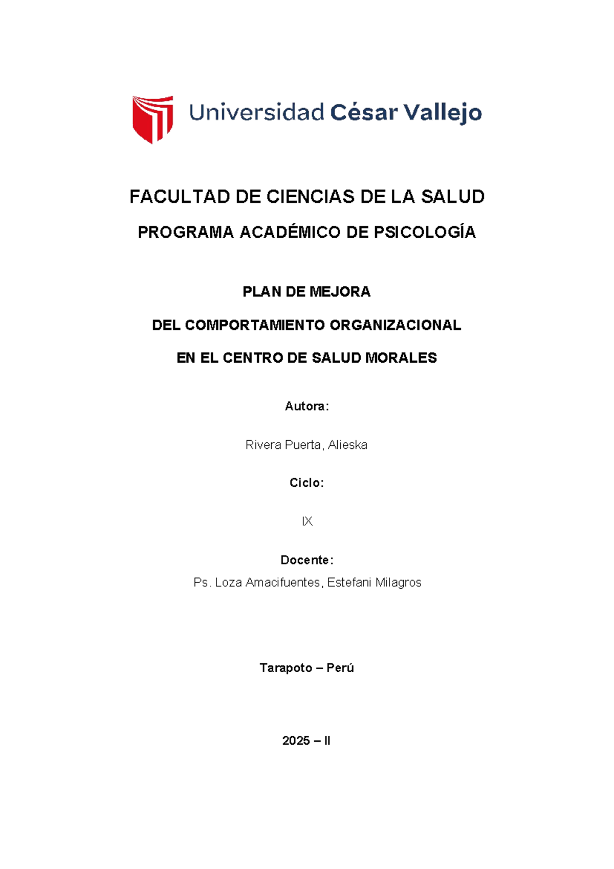 Plan de Mejora del Comportamiento Organizacional en el Centro de Salud ...