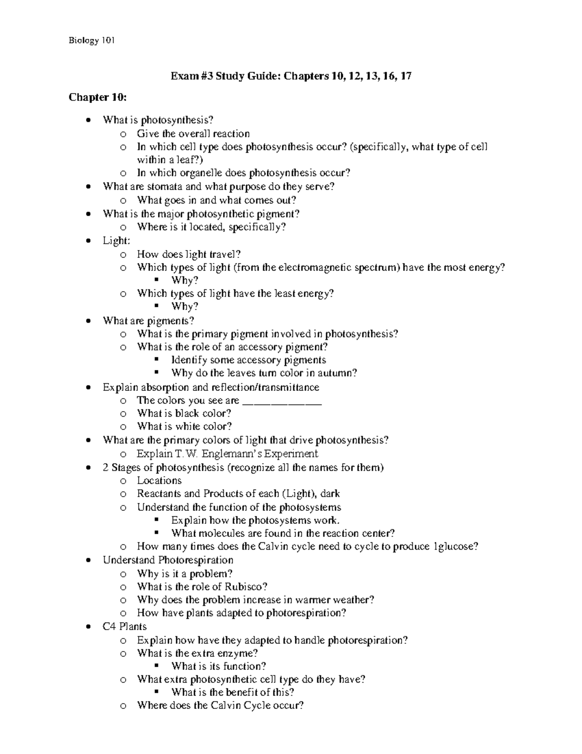 Biology 101 Exam #3 Study Guide: Chapters 10-17 - Studocu