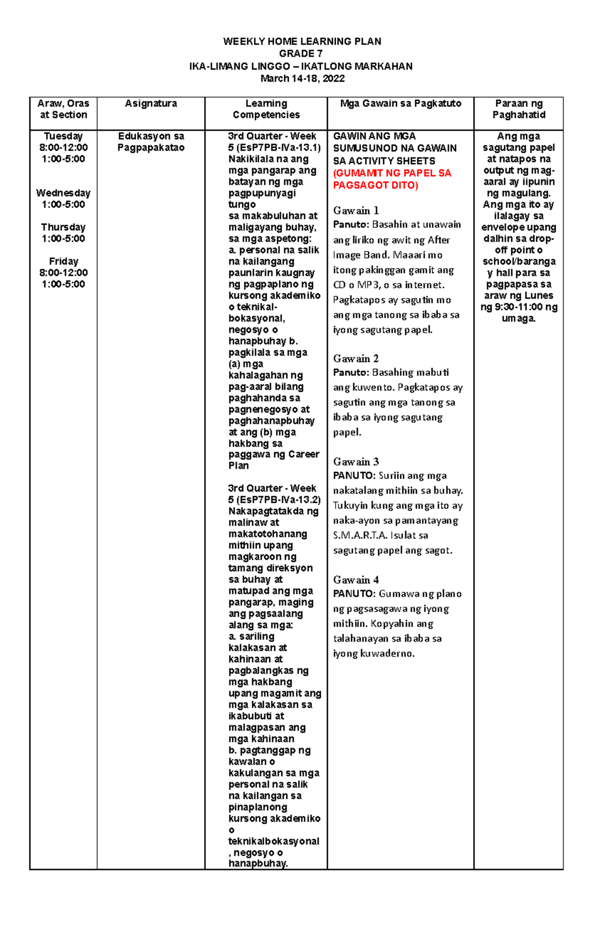 WHLP ESP7 G7 3rd Quarter Week 5 Activities - Values & Goals - Studocu