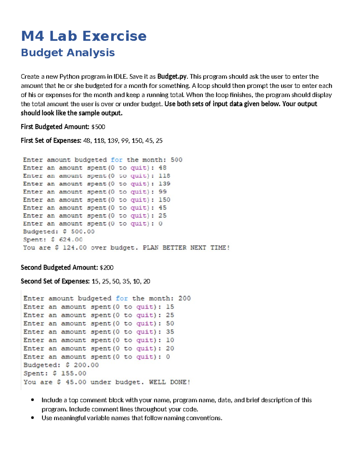 M4 Lab Exercise: Budget Analysis Program in Python - Studocu