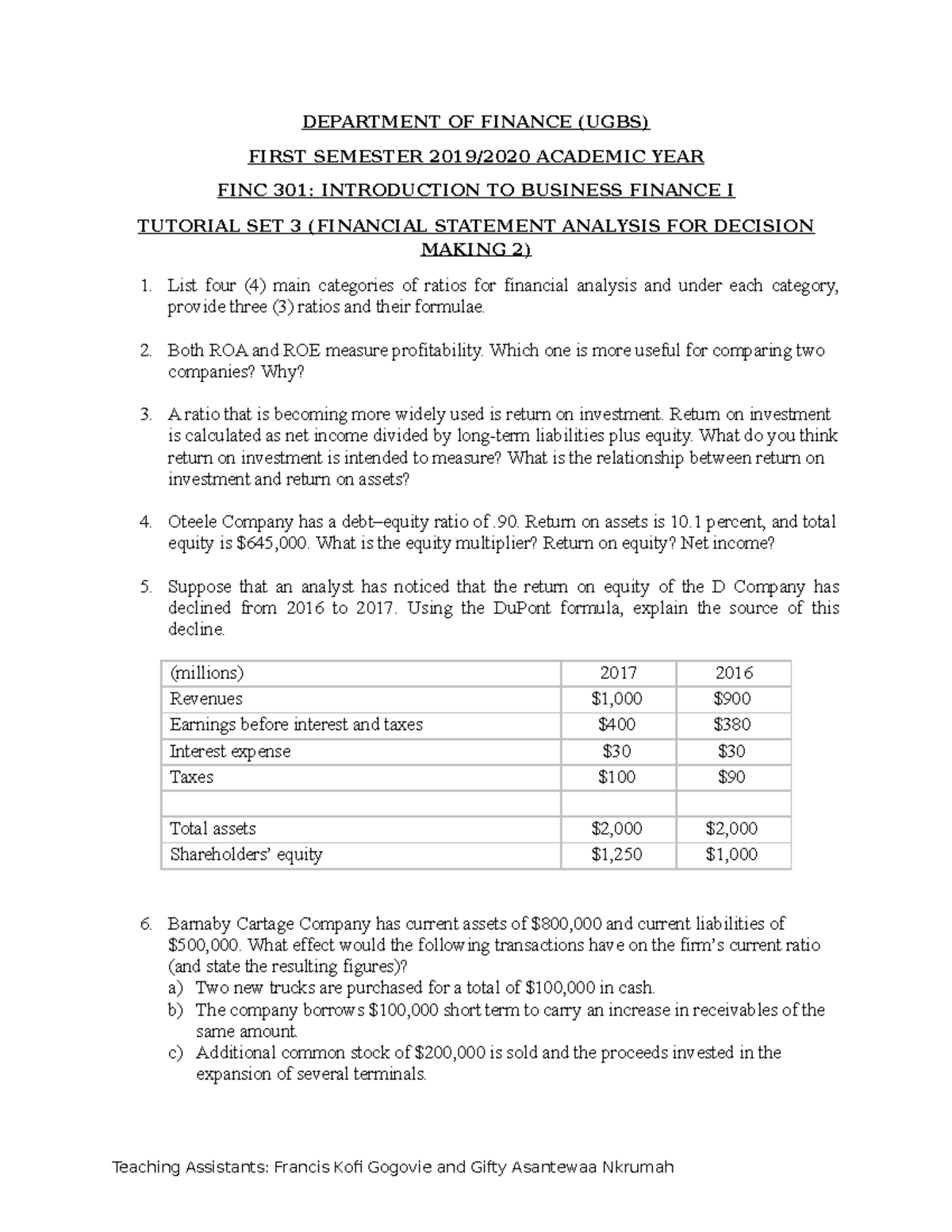FINC 301 Tutorial Set 3: Financial Statement Analysis Insights - Studocu