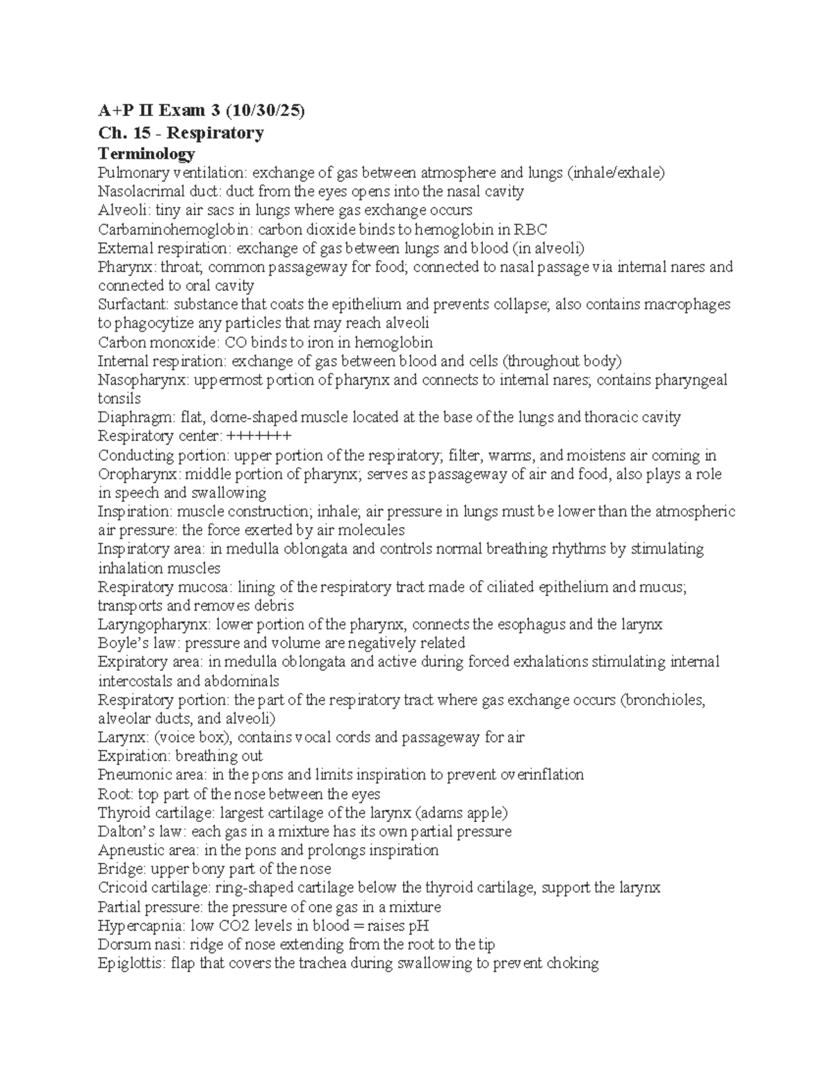 A&P II Final Exam Study Guide - Key Terms & Concepts on Respiration and ...