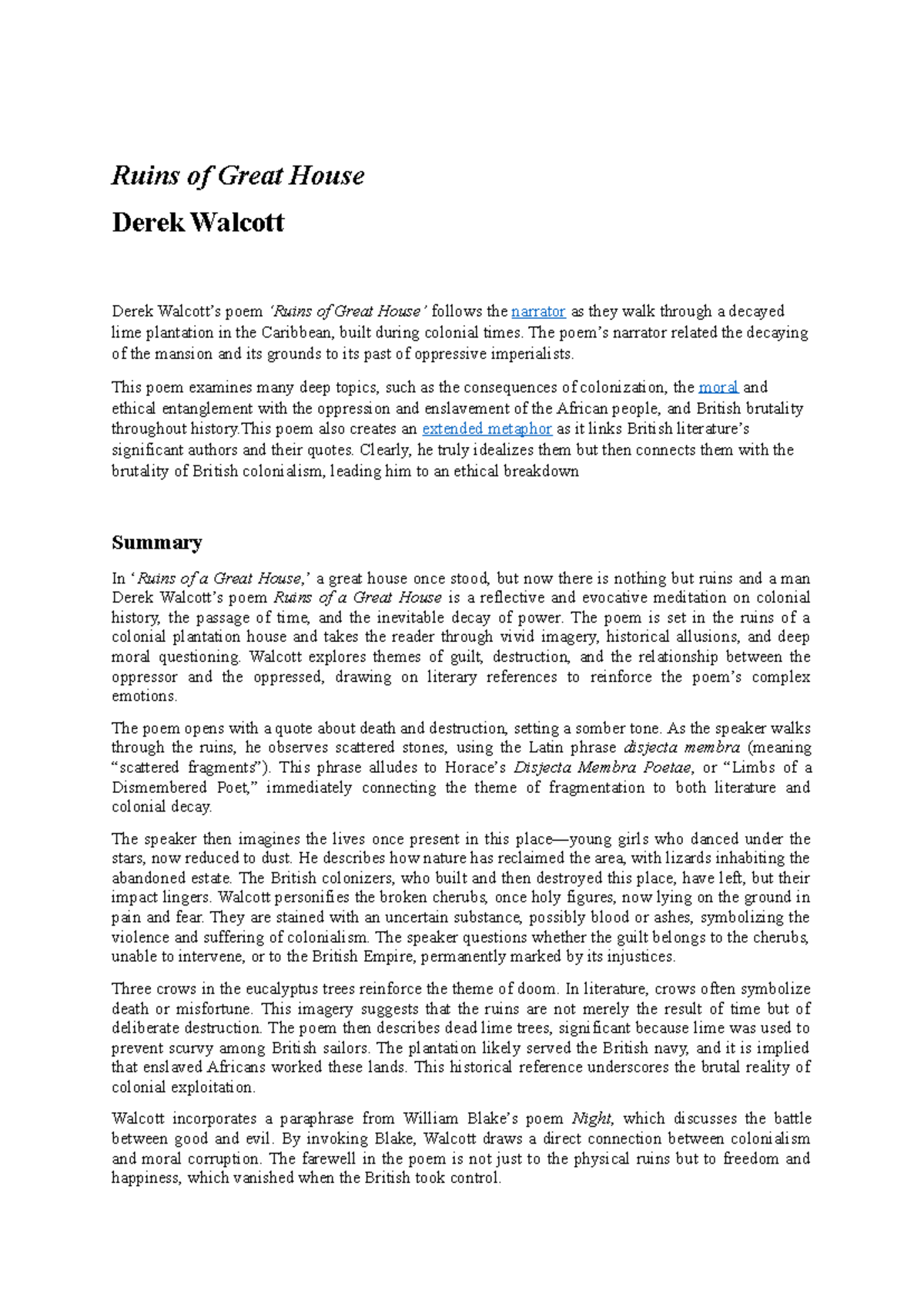 Ruins of a Great House: Analyzing Derek Walcott's Poem - Studocu