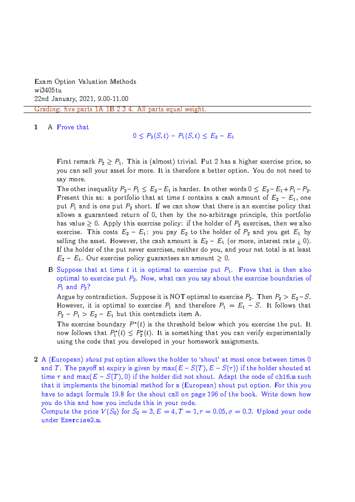 Option Valuation Methods Exam Solutions for WI3405TU - Jan 22, 2021 ...