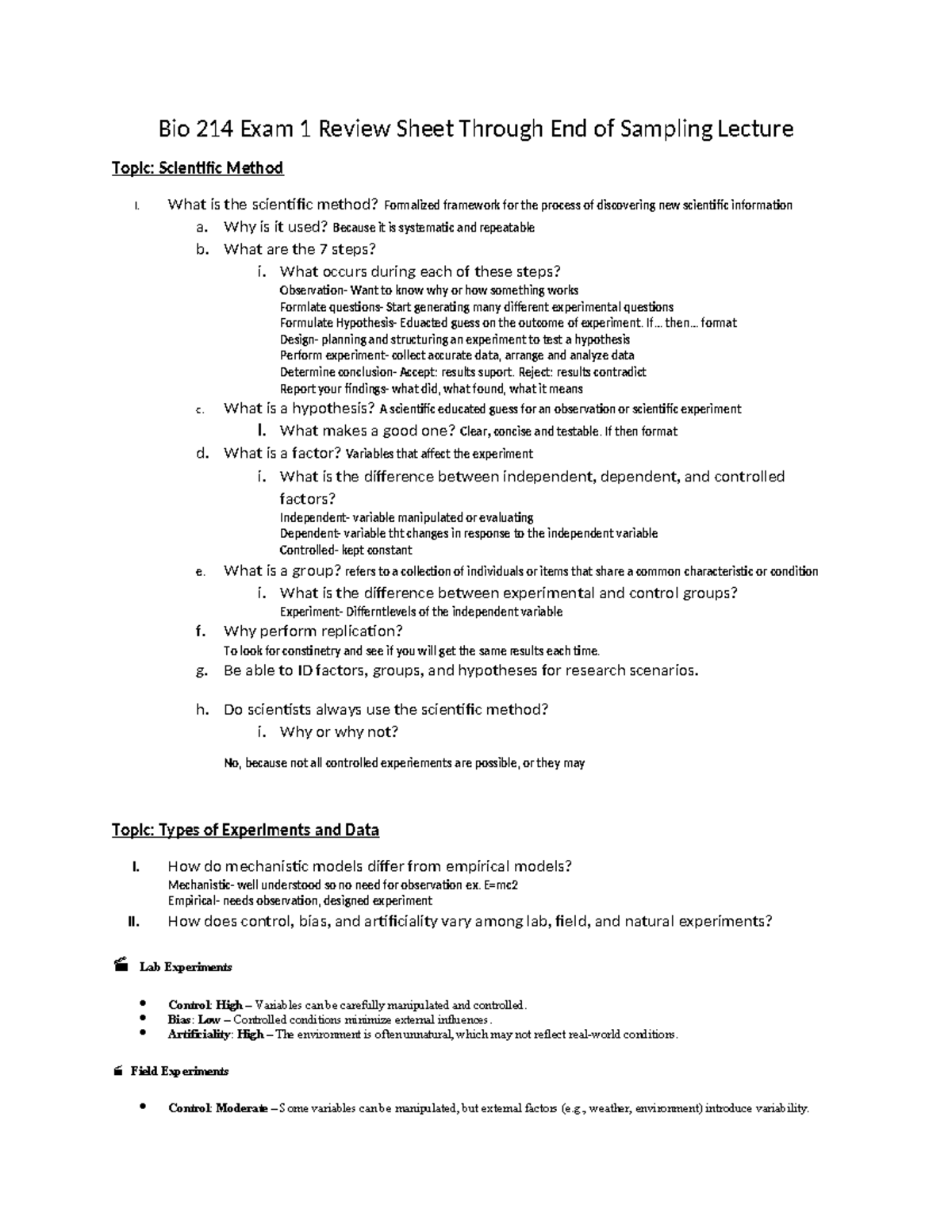 Bio 214 Final Exam Review: Experimental Design and Hypothesis Testing ...
