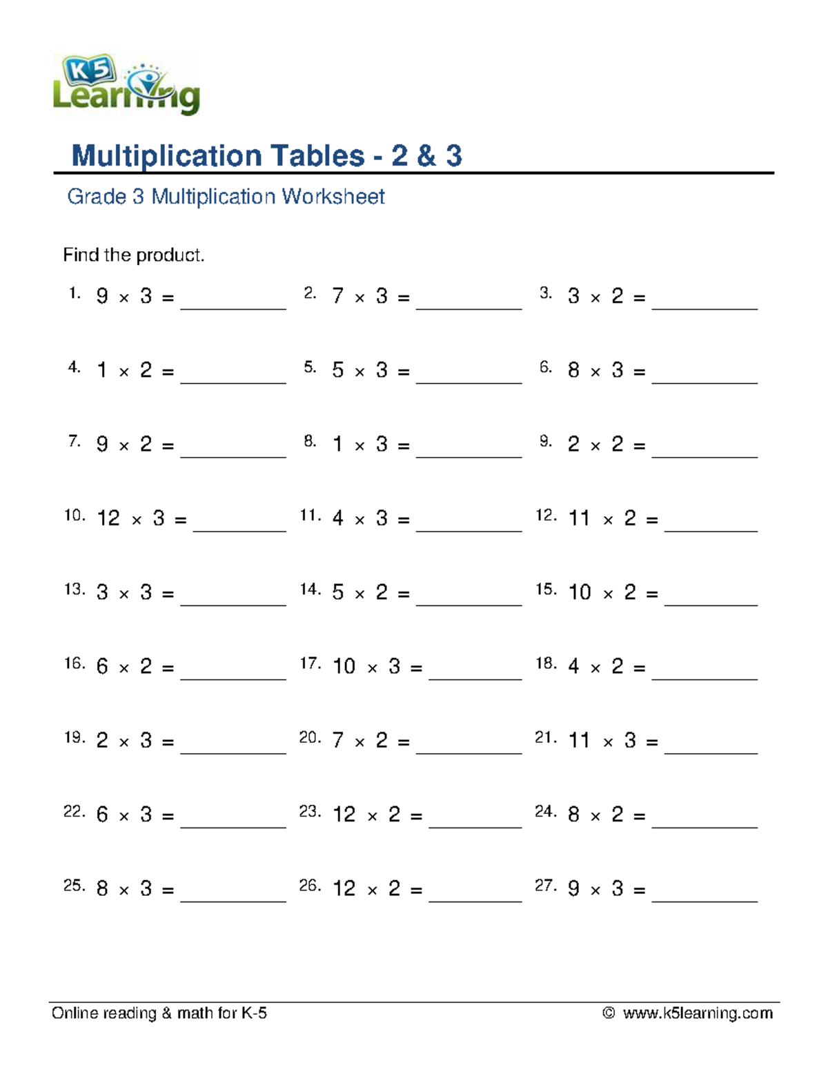 Grade 3 Multiplication Worksheet: Tables 2 & 3 - Studocu