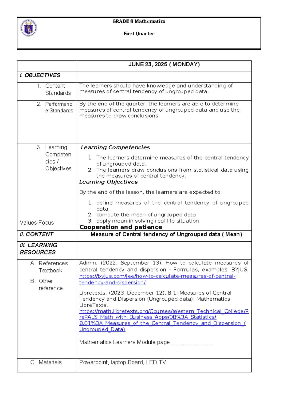 GRADE 8 Math Lesson Plan: Measures of Central Tendency (Mean) - Studocu