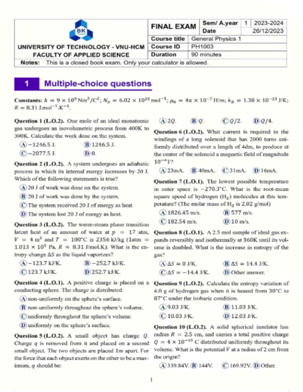 Year 1 Final Exam PH1003: General Physics 1 Notes - Studocu