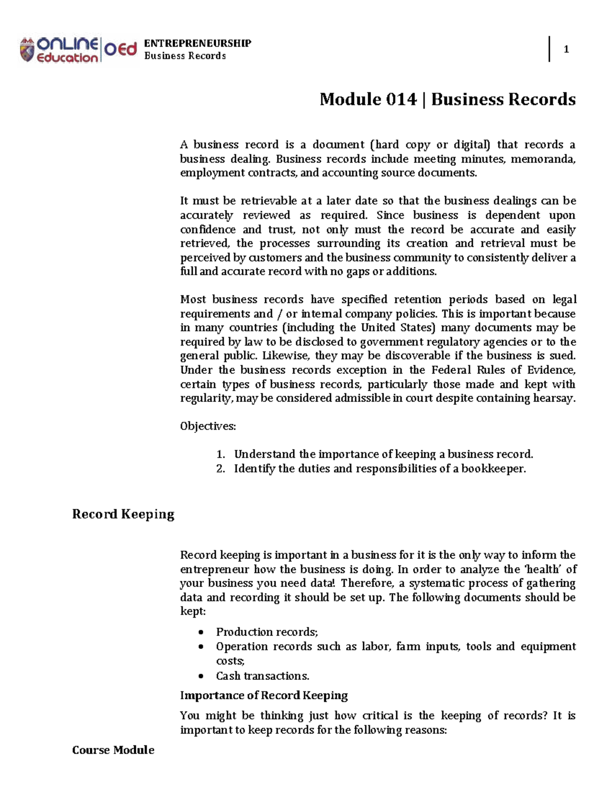 ENTREPRENEURSHIP Business Records 1 Module 014: Importance & Management ...