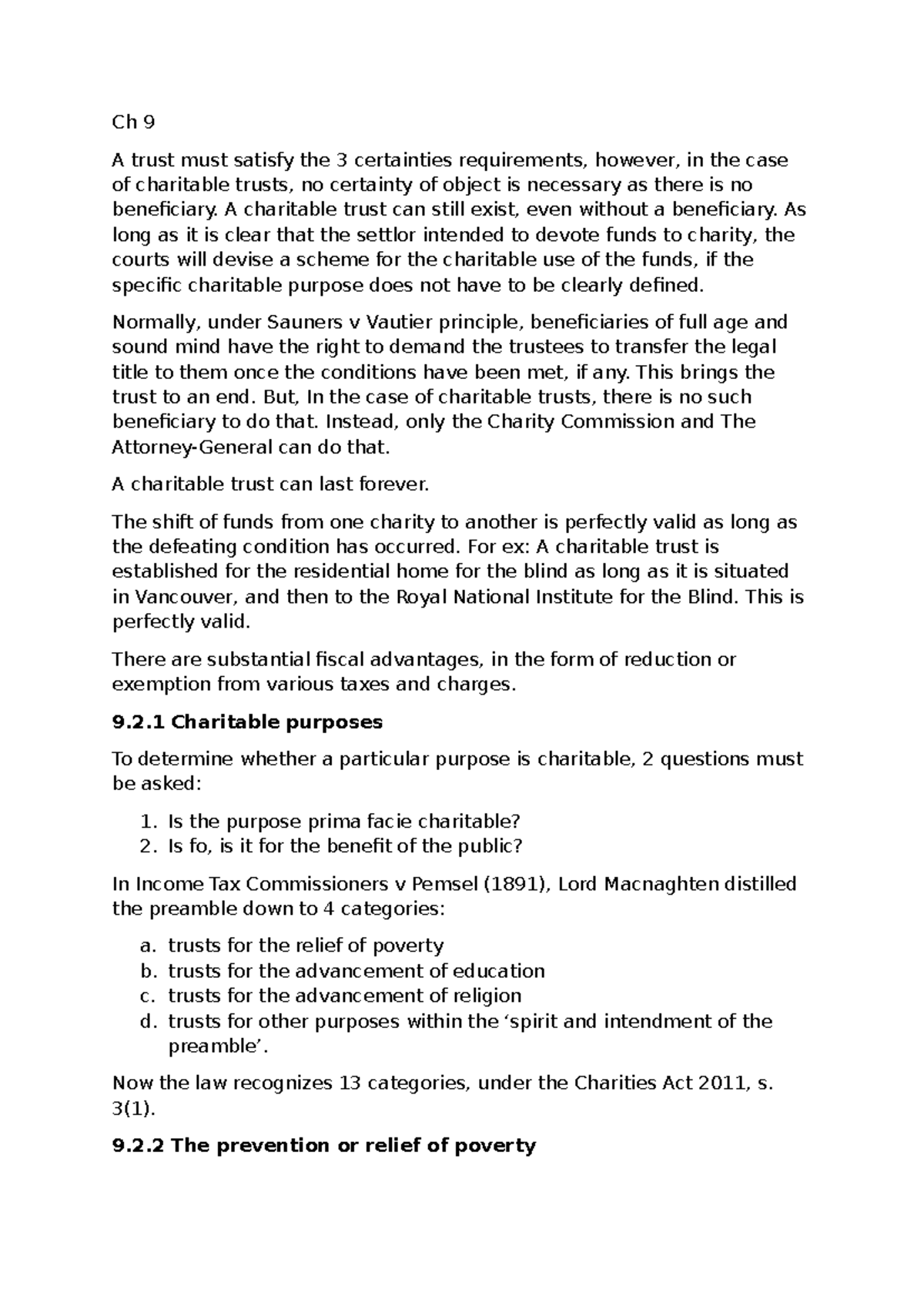 Trusts Ch 9: Charitable Trusts and Legal Principles Overview - Studocu