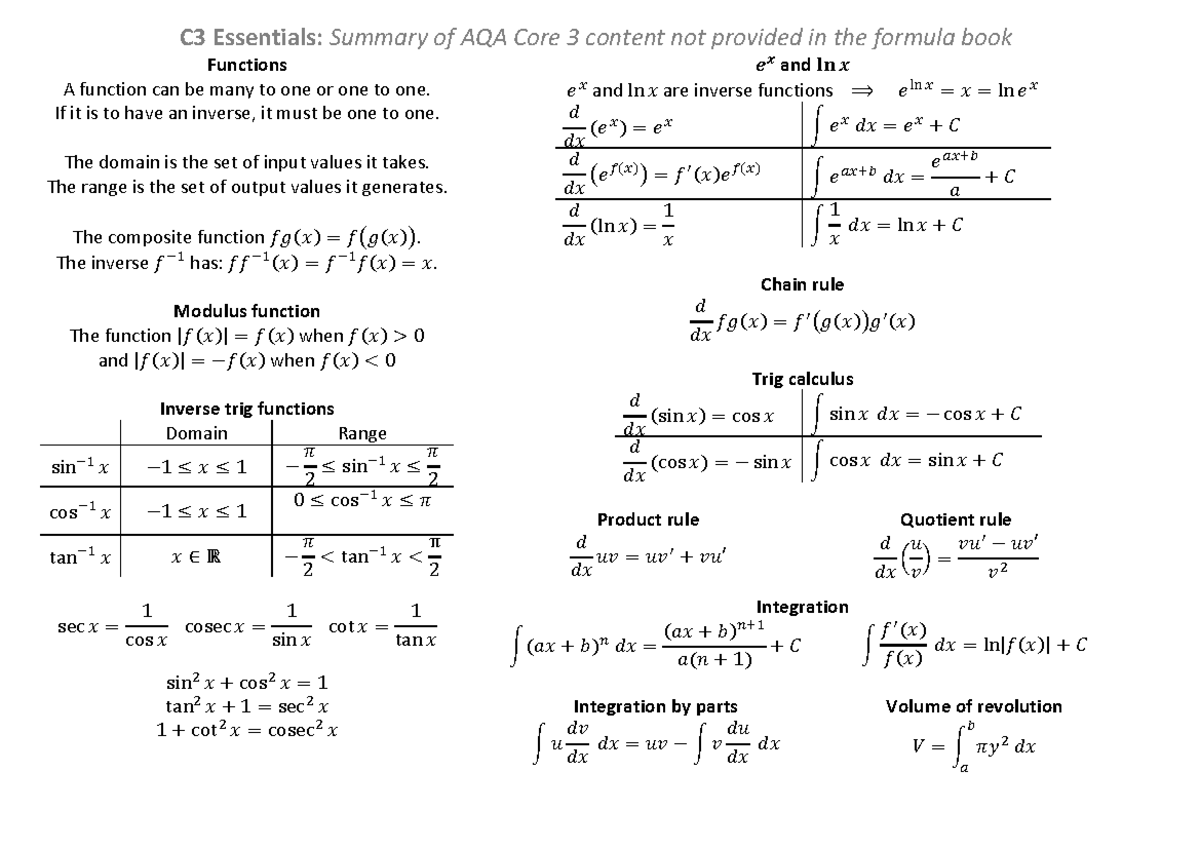 C3 Essentials: Summary of AQA Core 3 Functions and Calculus - Studocu