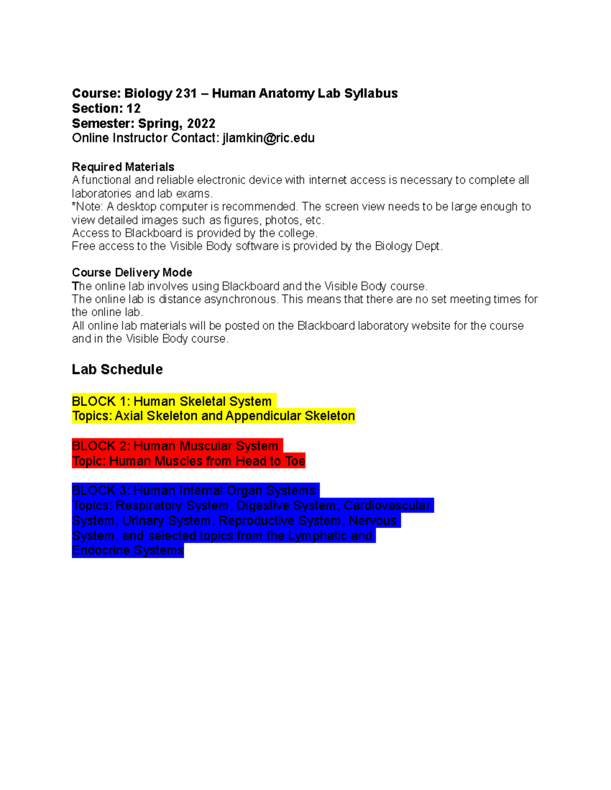 Biology 231 - Human Anatomy Lab Syllabus for Section 12 (Spring 2022 ...