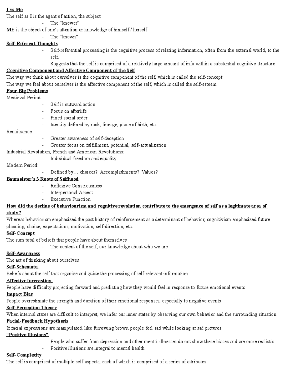 I&I Exam Notes: Understanding the Self, Concepts & Theories - Studocu