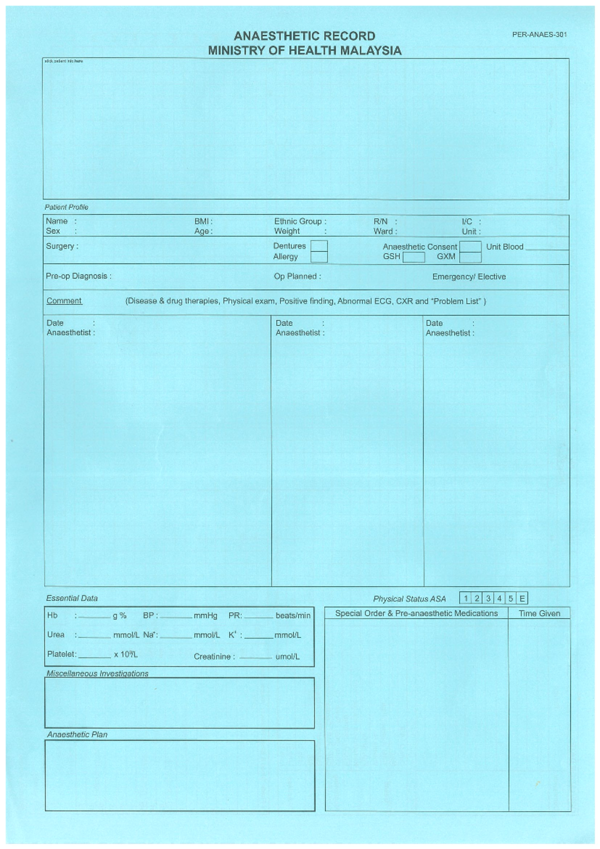 GA Form - Anaesthetic Record for Surgical Procedures - Studocu