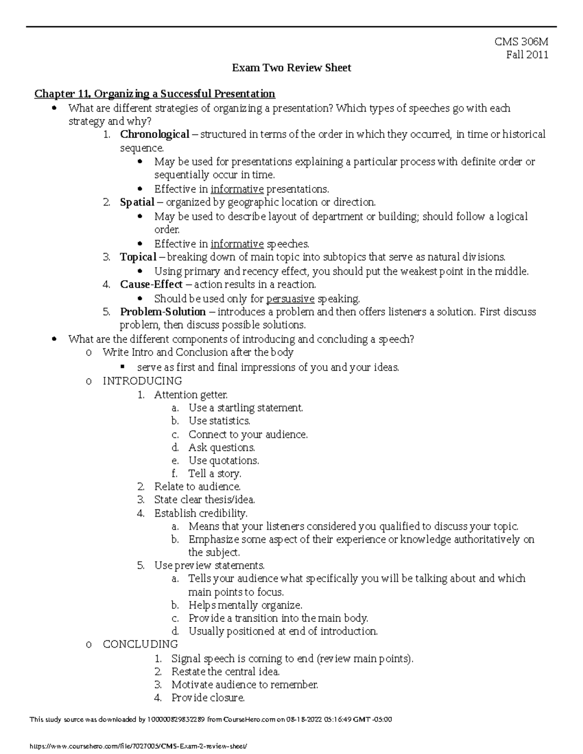 CMS Exam 2 review sheet - assignment - Fall 2011 Exam Two Review Sheet ...