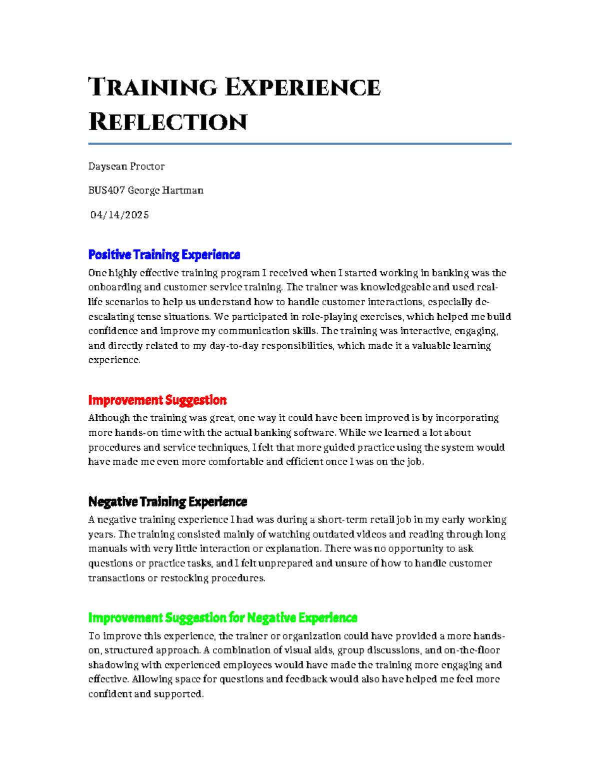 BUS407 WK2 Assignment: Reflection on Training Experiences - Studocu