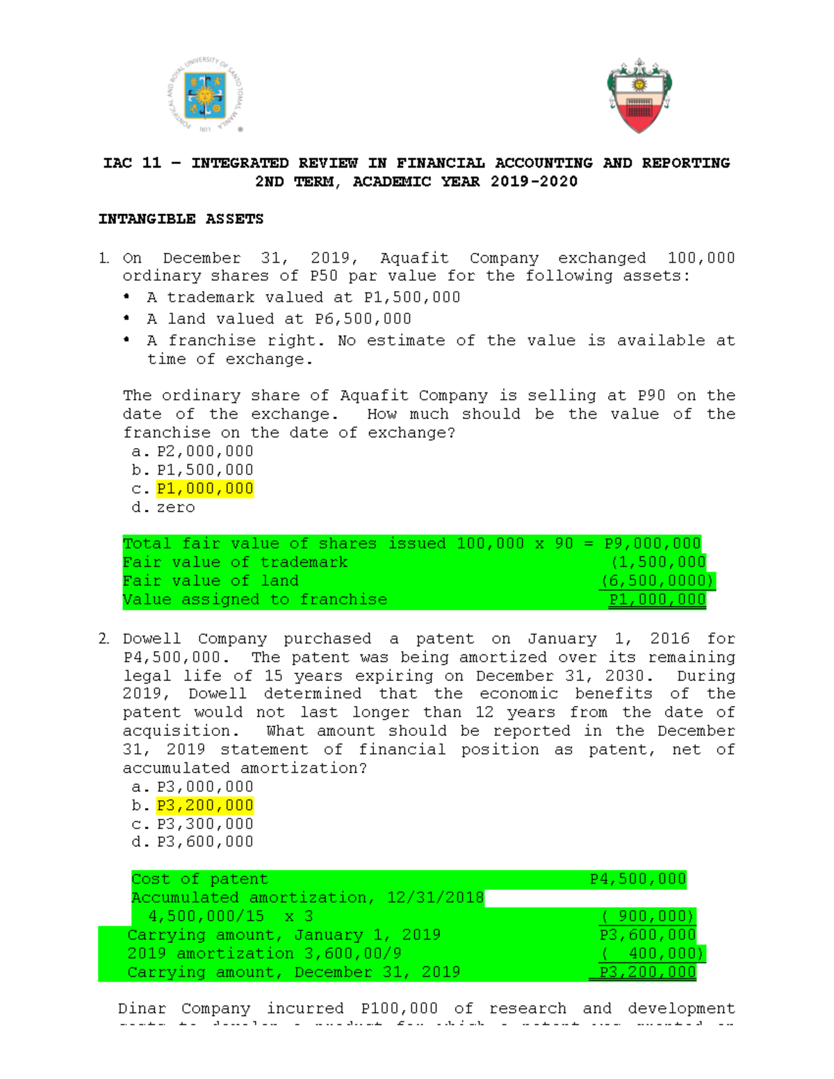IAC 11 - Intangible Assets Review Questions and Solutions (2nd Term ...