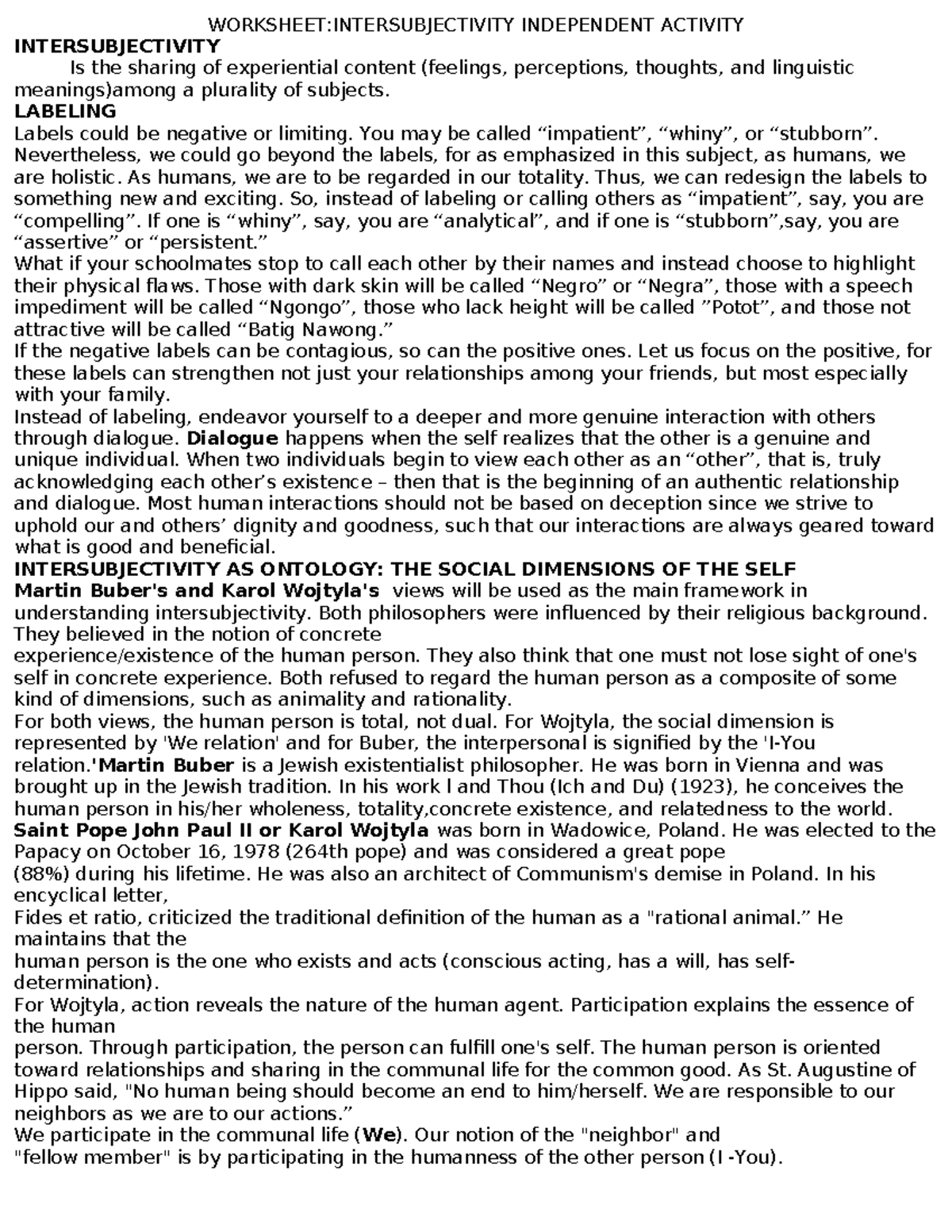 Week 2 Intersubjectivity worksheet - WORKSHEET:INTERSUBJECTIVITY ...