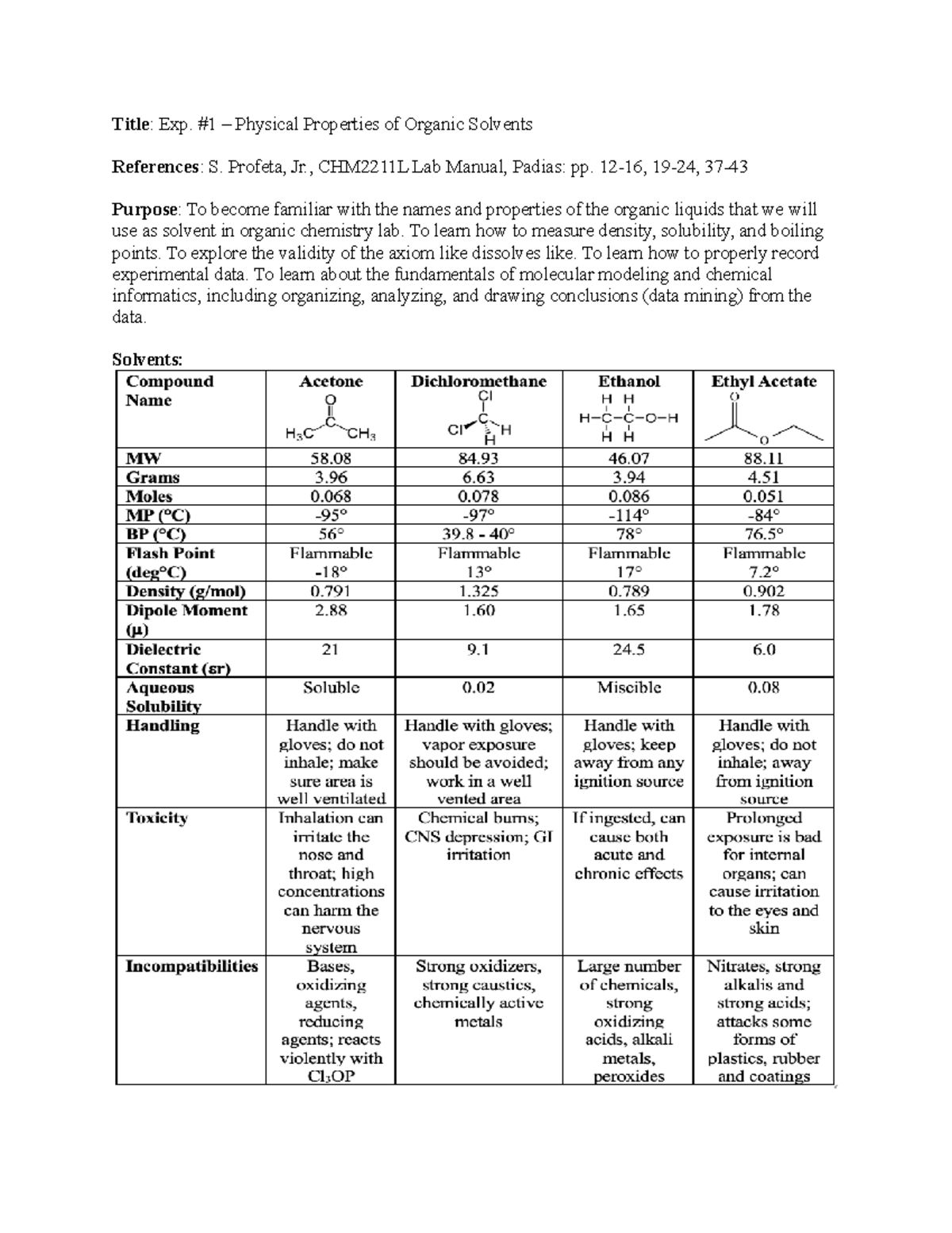 Exp. #1 Prelab: Examining Physical Properties of Organic Solvents ...