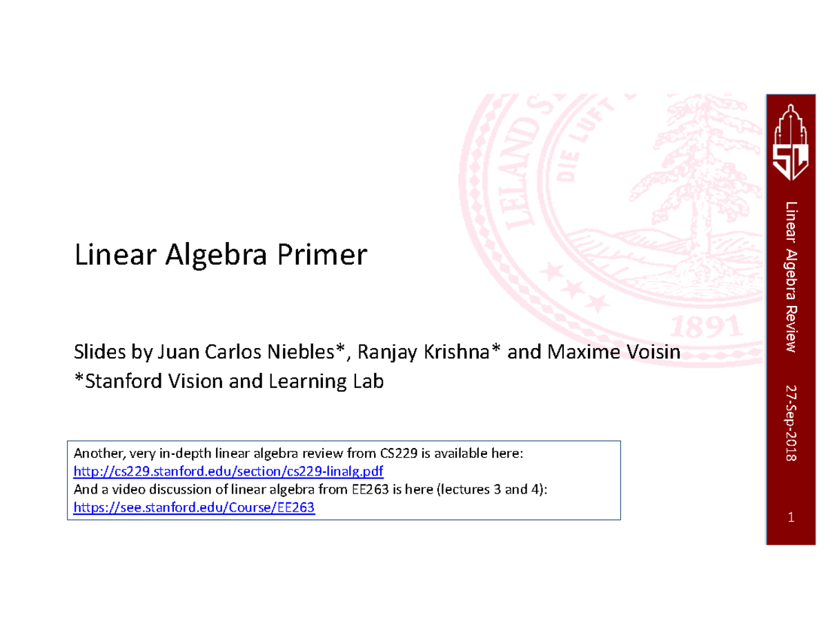 CS229 Recitation 01: Linear Algebra Review and Key Concepts - Studocu