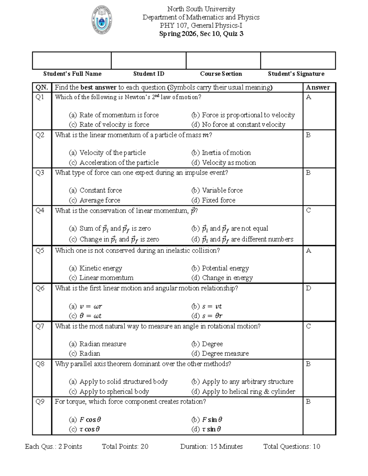 PHY 107 Spring 2026 Sec 10 Quiz 3 Solutions Set 1 - Studocu