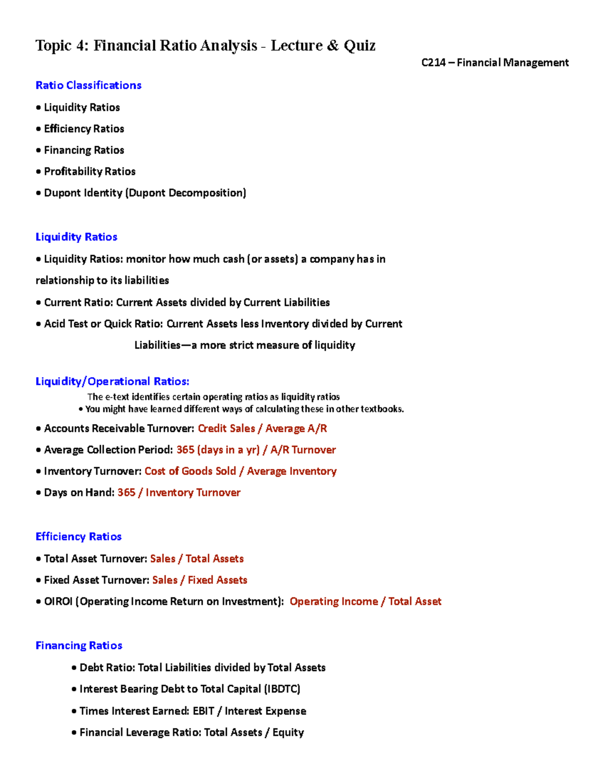 C214 - Financial Management: Lecture & Quiz on Financial Ratios - Studocu