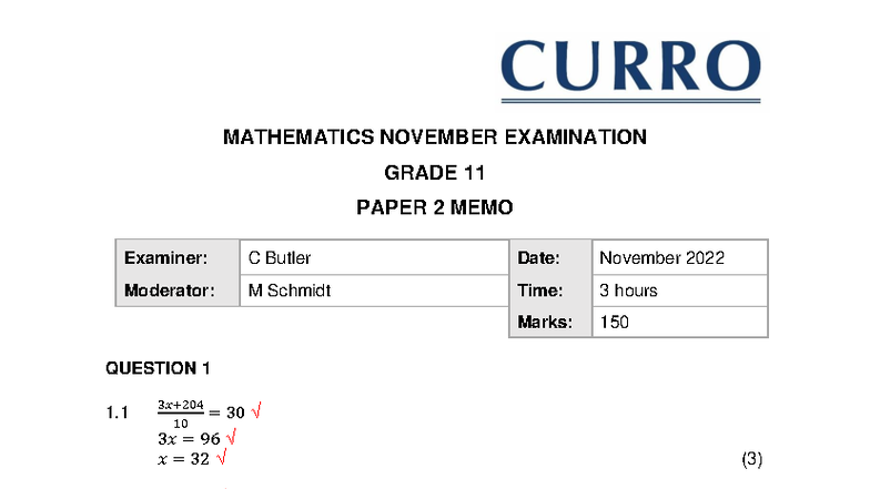 Grade 11 Mathematics P2 November 2022 Examination Memo - Studocu