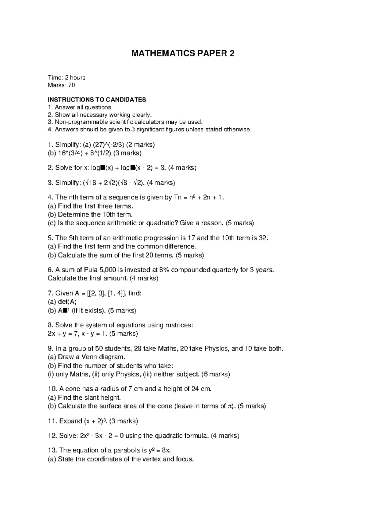 MATHEMATICS PAPER 2 - Revision Notes for Exam Preparation - Studocu