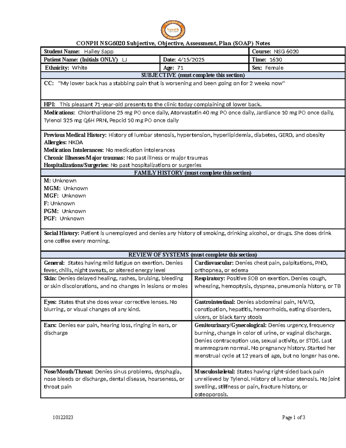 NSG6020 SOAP Notes: Patient Assessment and Care Plan for Hailey Sapp ...