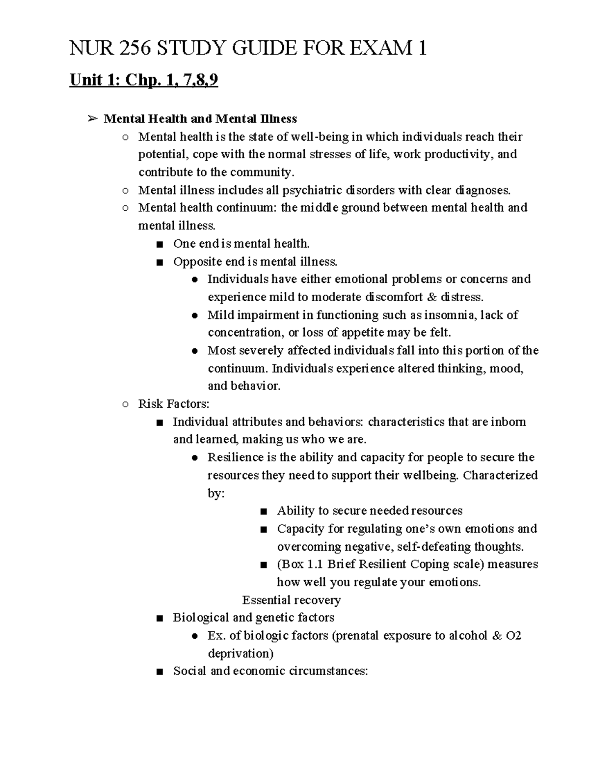 NUR 256 Study Guide for Exam 1 - Unit 1: Chp. 1, 7,8, Mental Health and ...