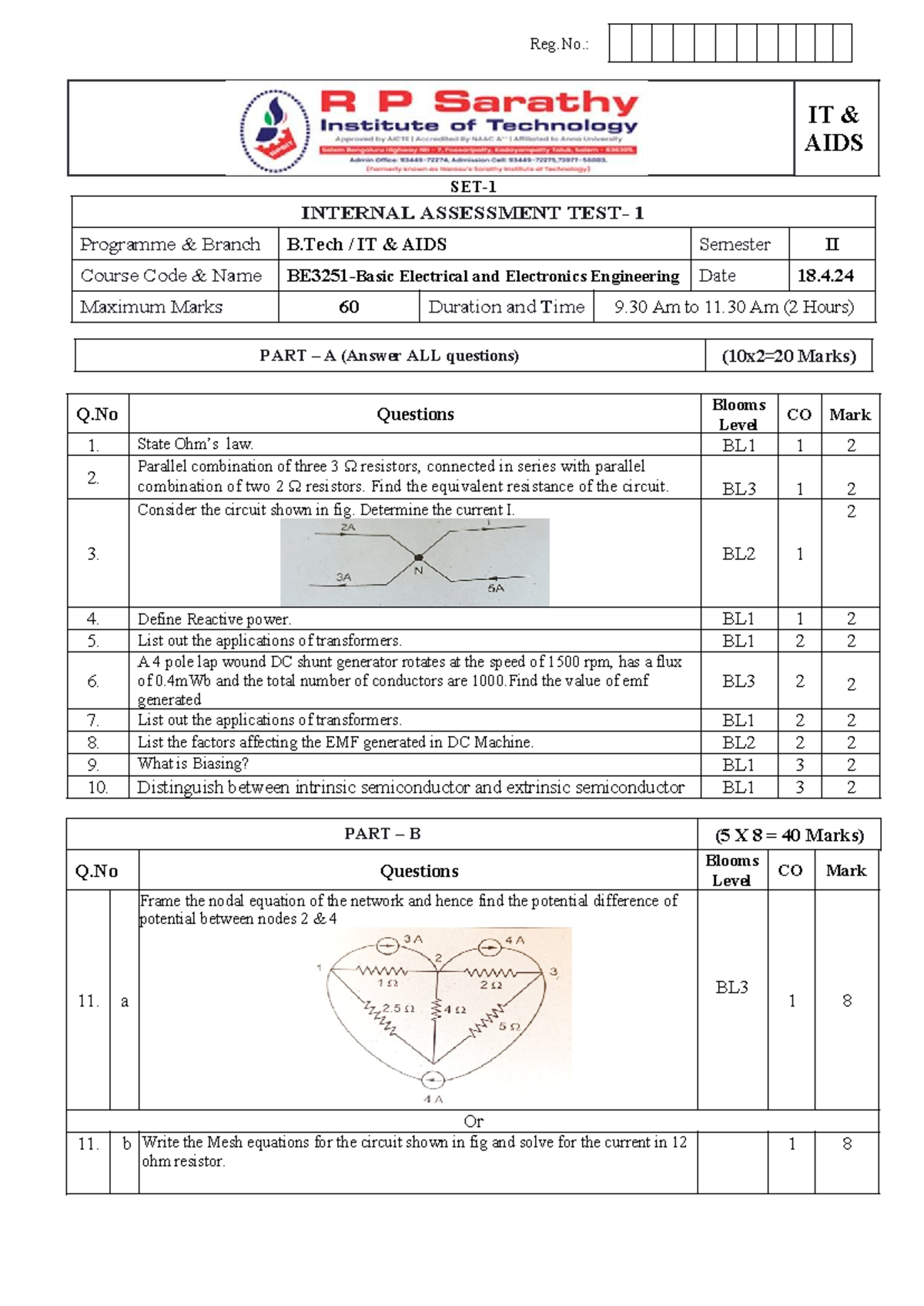 BEEE IAT-1 QP IT & AIDS: Electrical Circuits & Machines Exam - Studocu