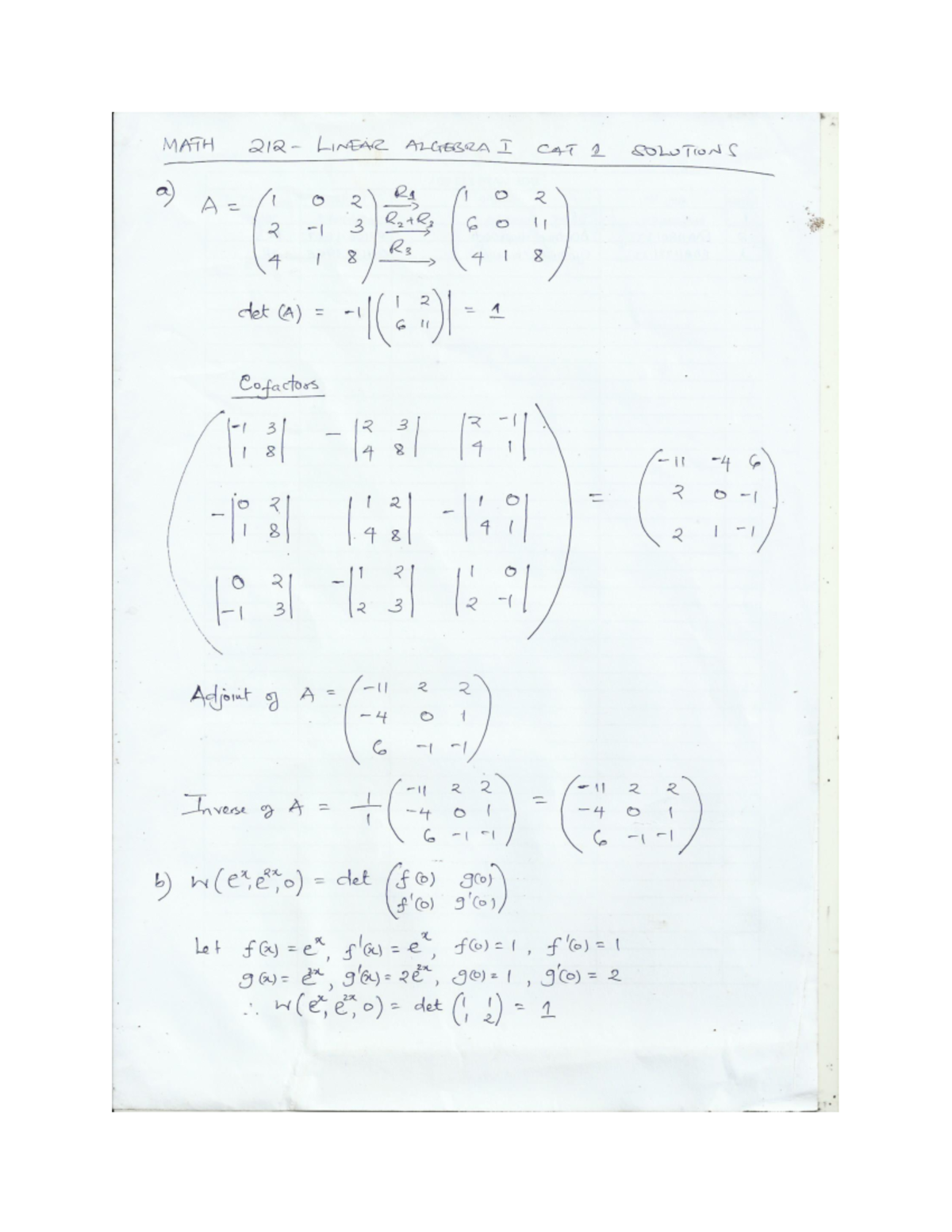 2023 MATH 212 CAT 1 Solutions for Linear Algebra I - Studocu