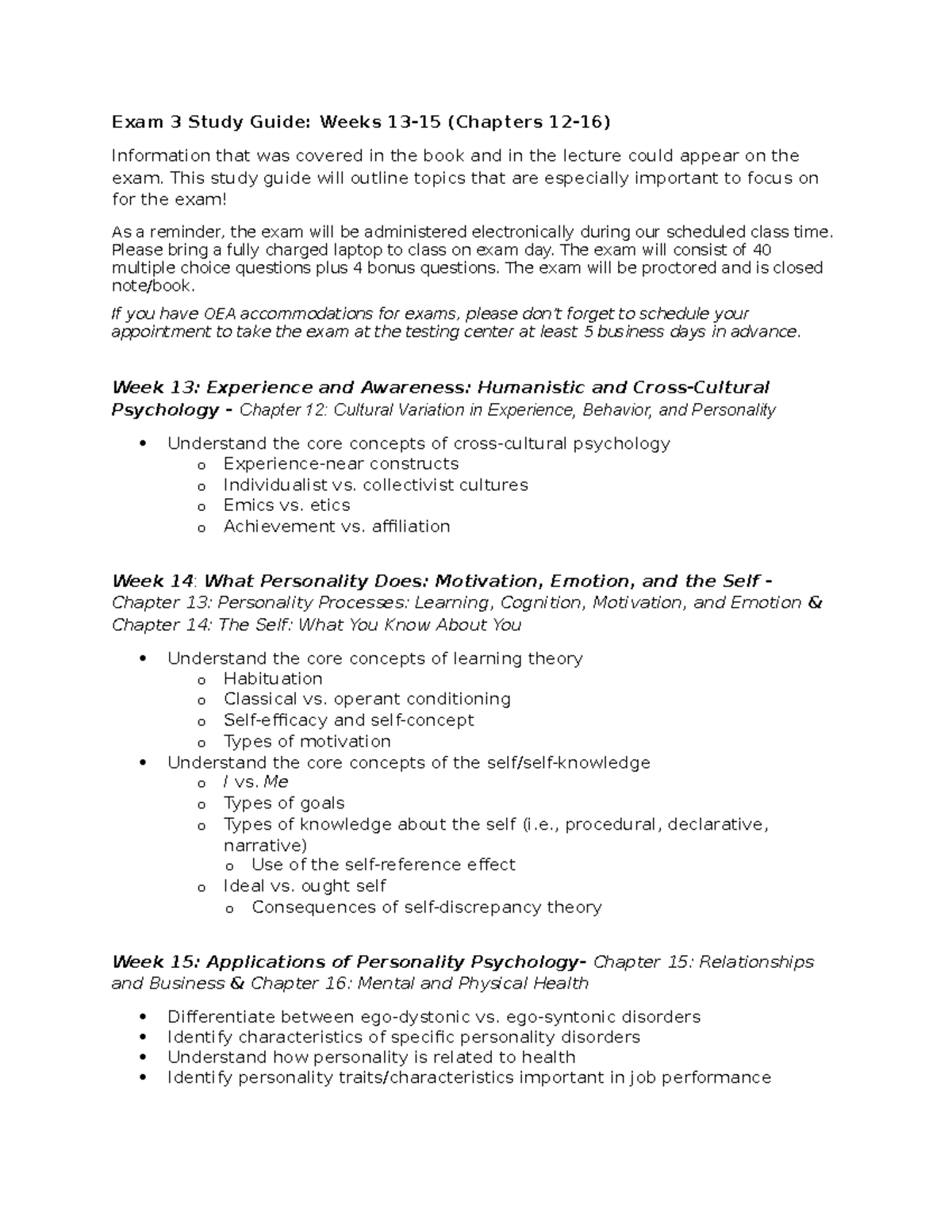 Exam 3 Study Guide: Key Concepts for Chapters 12-16 (Psychology) - Studocu