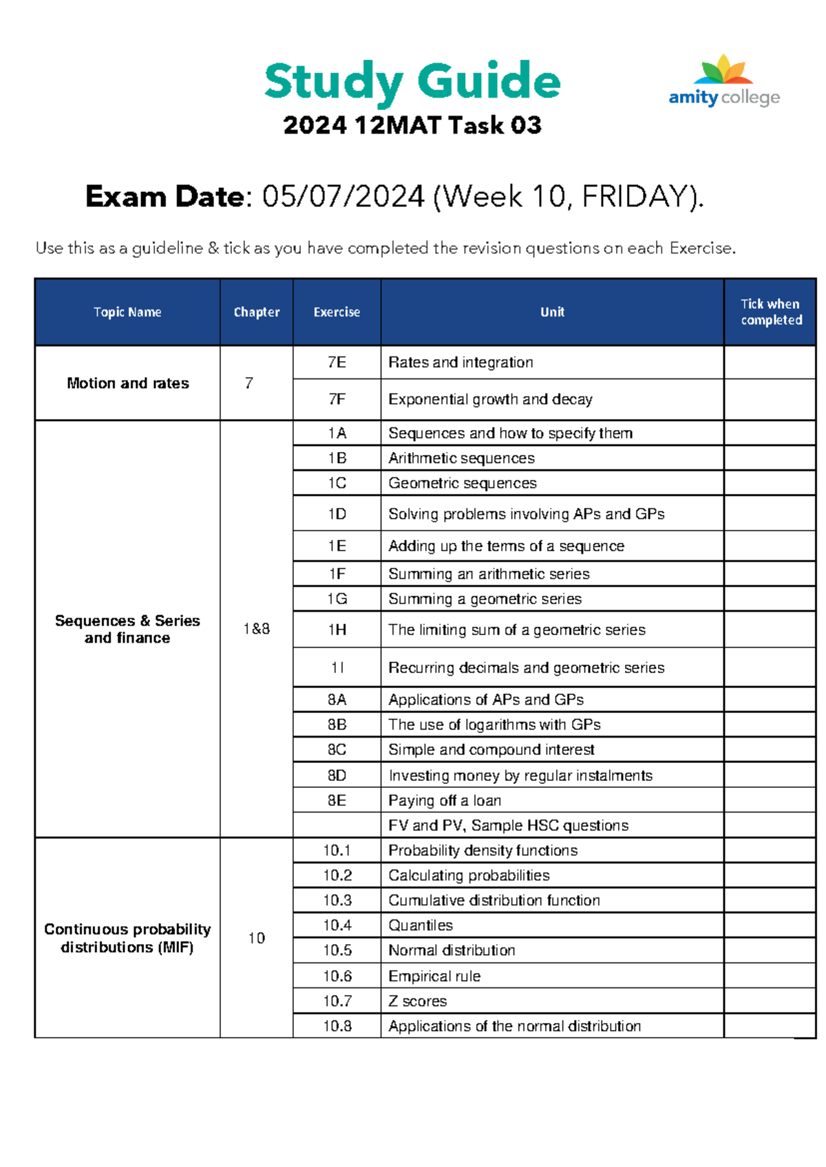 2024 12MAT Task 03 Final Exam Study Guide: Motion, Rates & Sequences ...