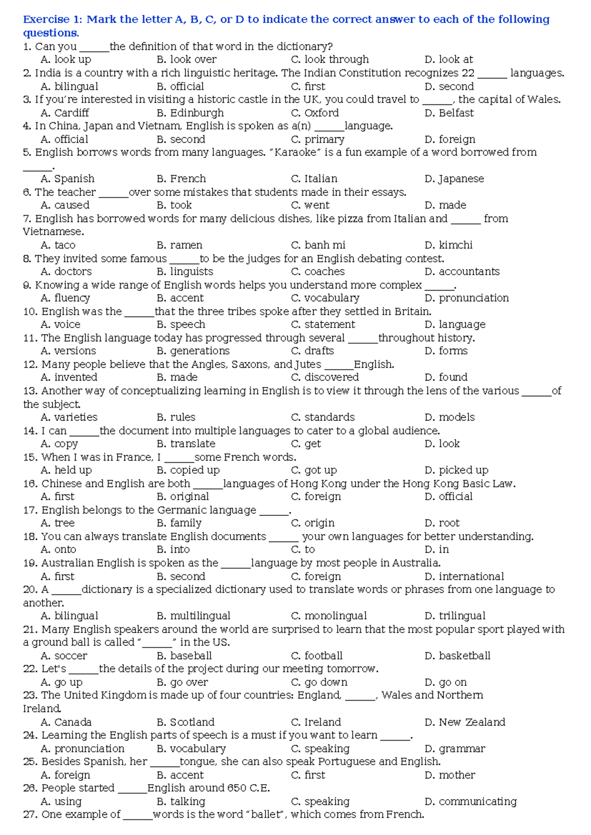 Exercise 1: Additional Practice Questions for English Language Learners ...