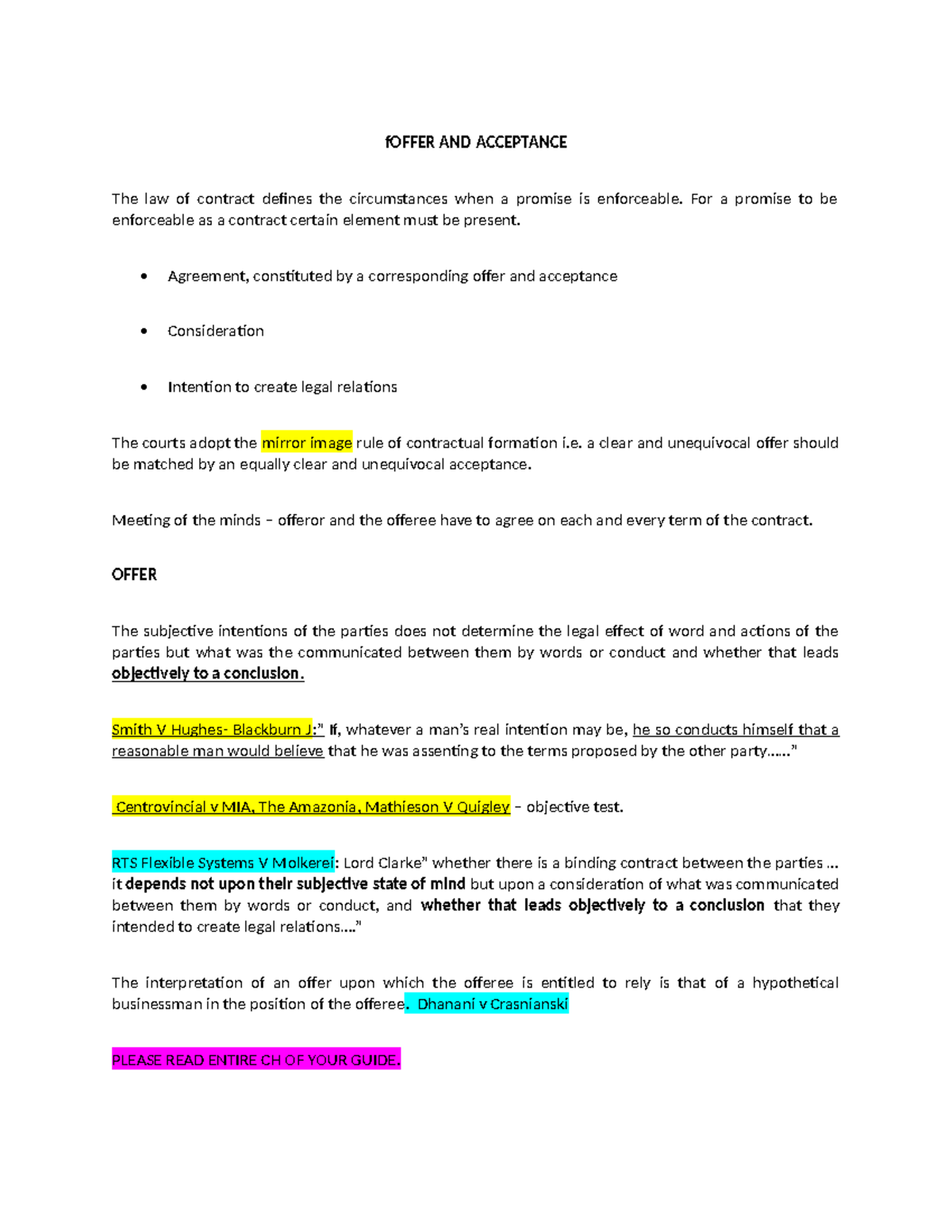 Offer and Acceptance case list - fOFFER AND ACCEPTANCE The law of ...