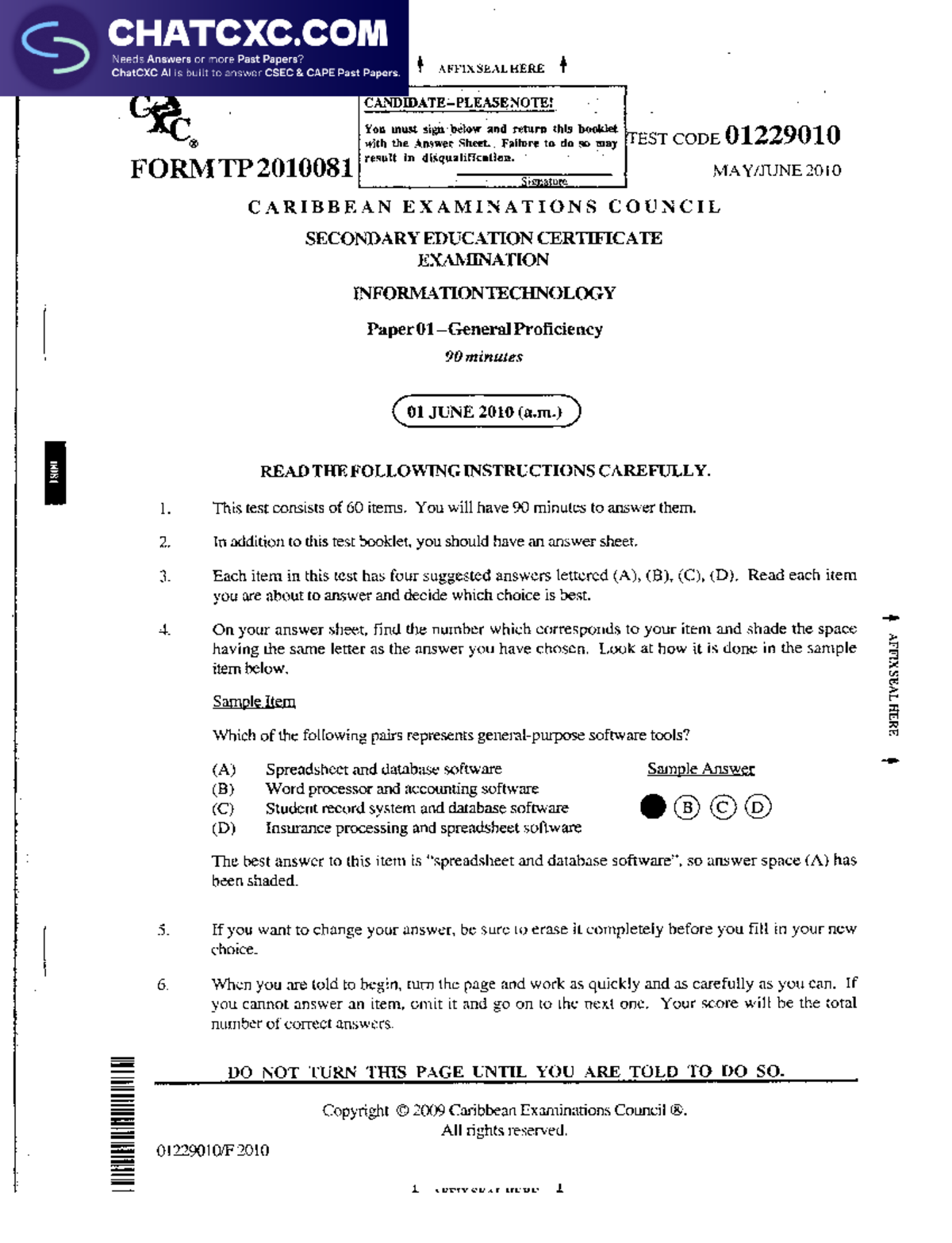 CSEC IT Exam Paper 1 2010: Past Paper Questions & Instructions - Studocu