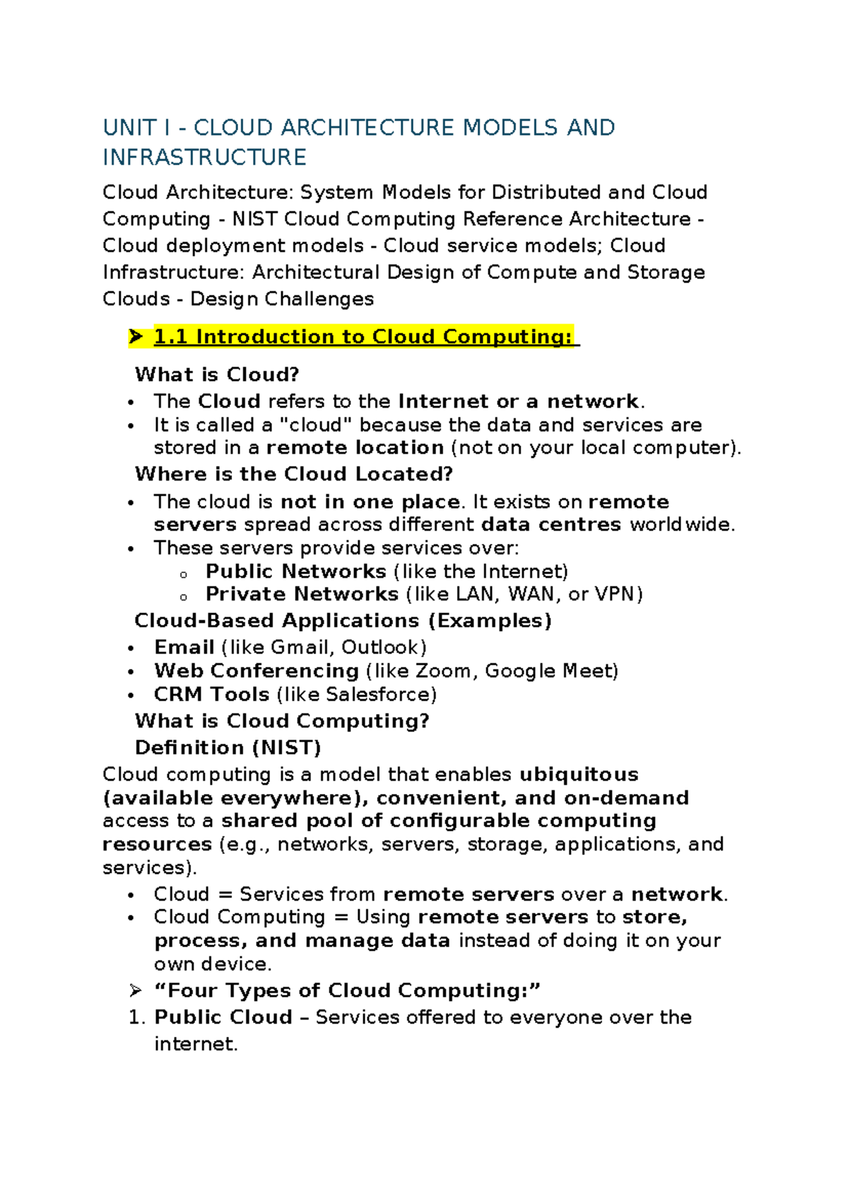 CC UNIT I - Cloud Architecture Models and Infrastructure Overview - Studocu