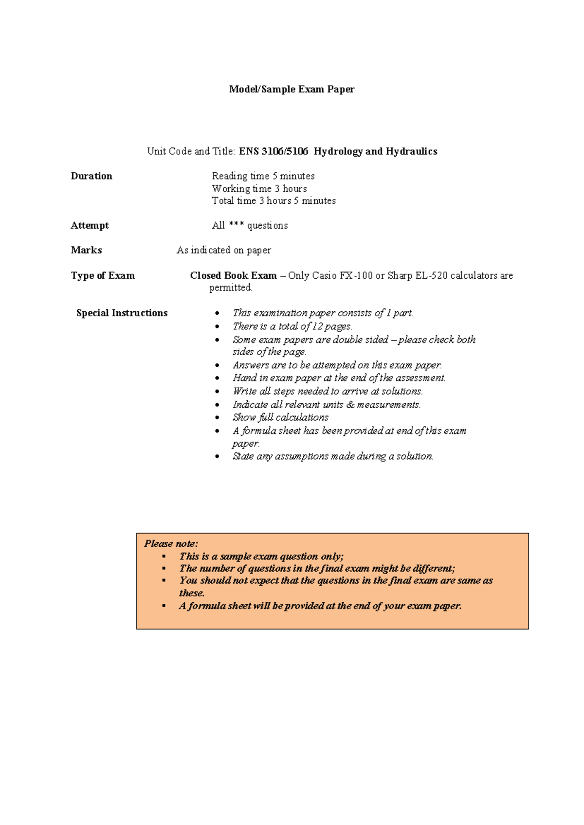 Sample Exam Paper 2019: ENS Hydrology & Hydraulics Exam - Studocu