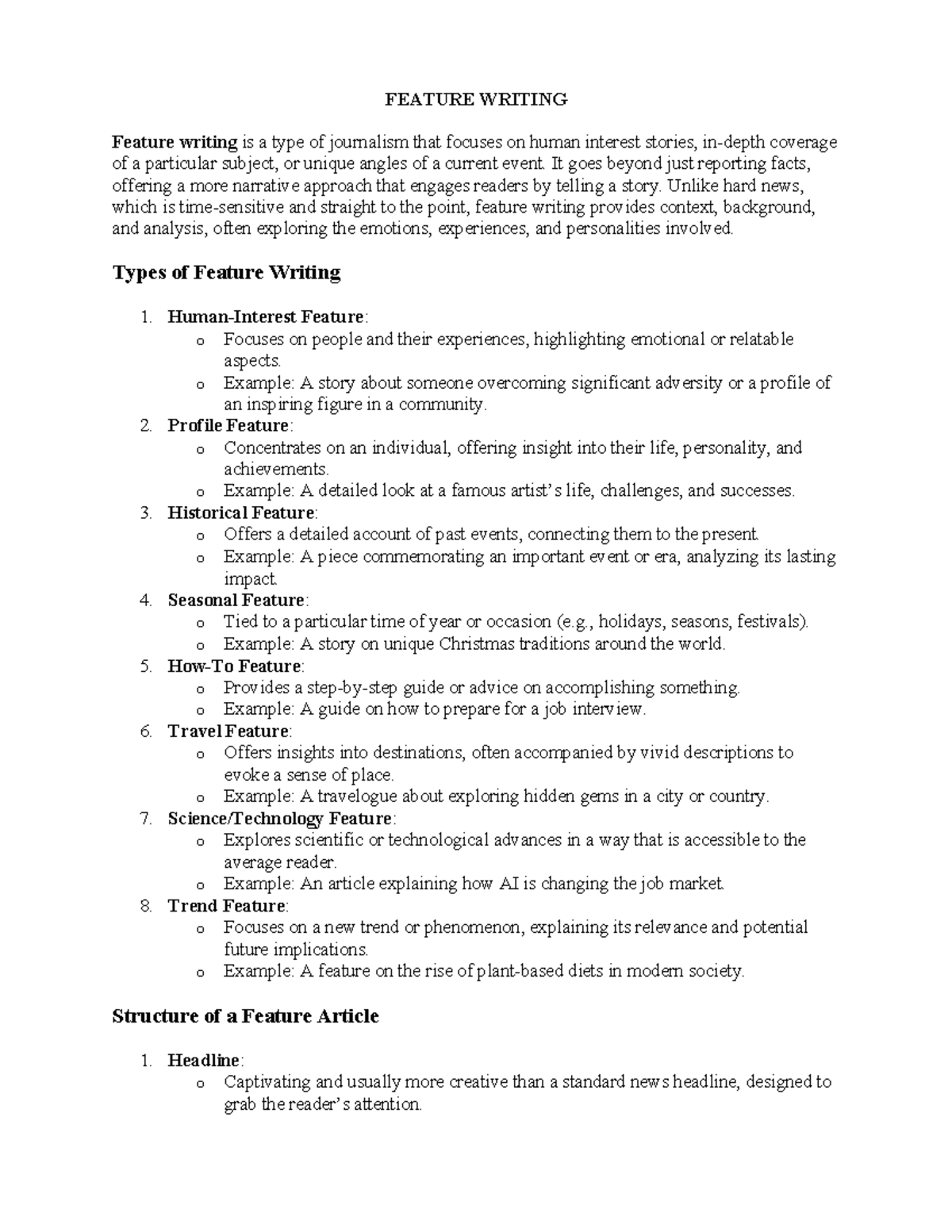 Feature Writing: Comprehensive Notes on Structure & Types - Studocu