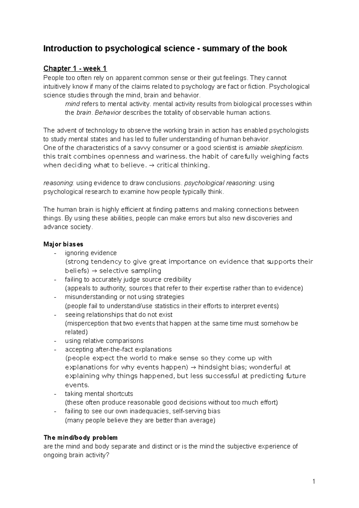 Introduction to Psychological Science: Week 1 Summary & Key Concepts ...