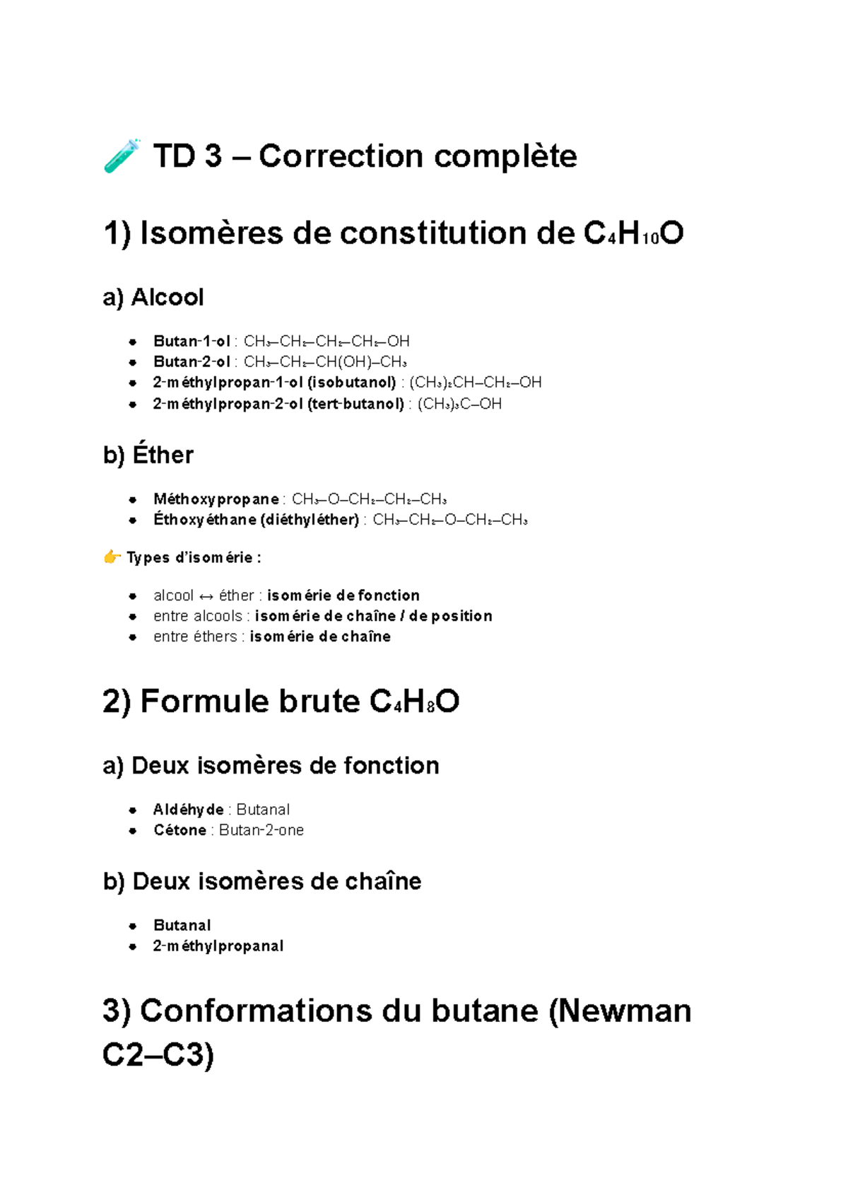 TD 3 - Correction Complète sur Isomères et Conformations - Studocu