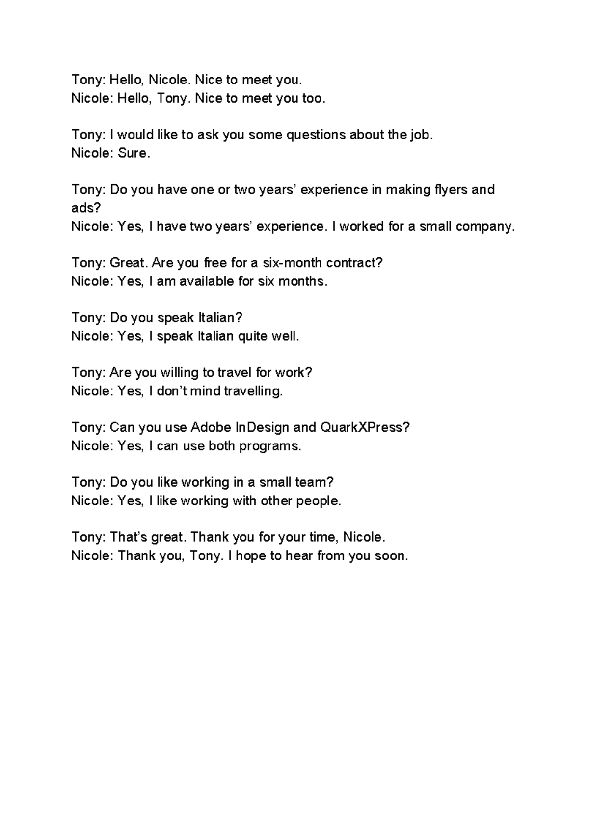 TEST Speaking 1 3 - Basic Conversation: Job Interview Dialogue - Studocu