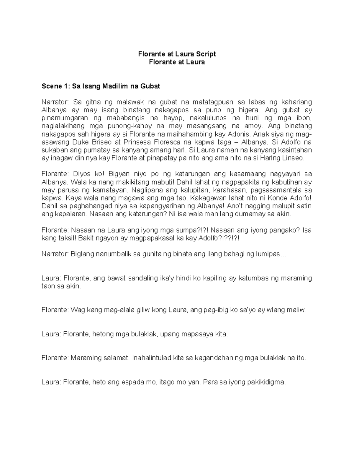 Florante at Laura: Script ng Dula para sa FIL101 - Studocu