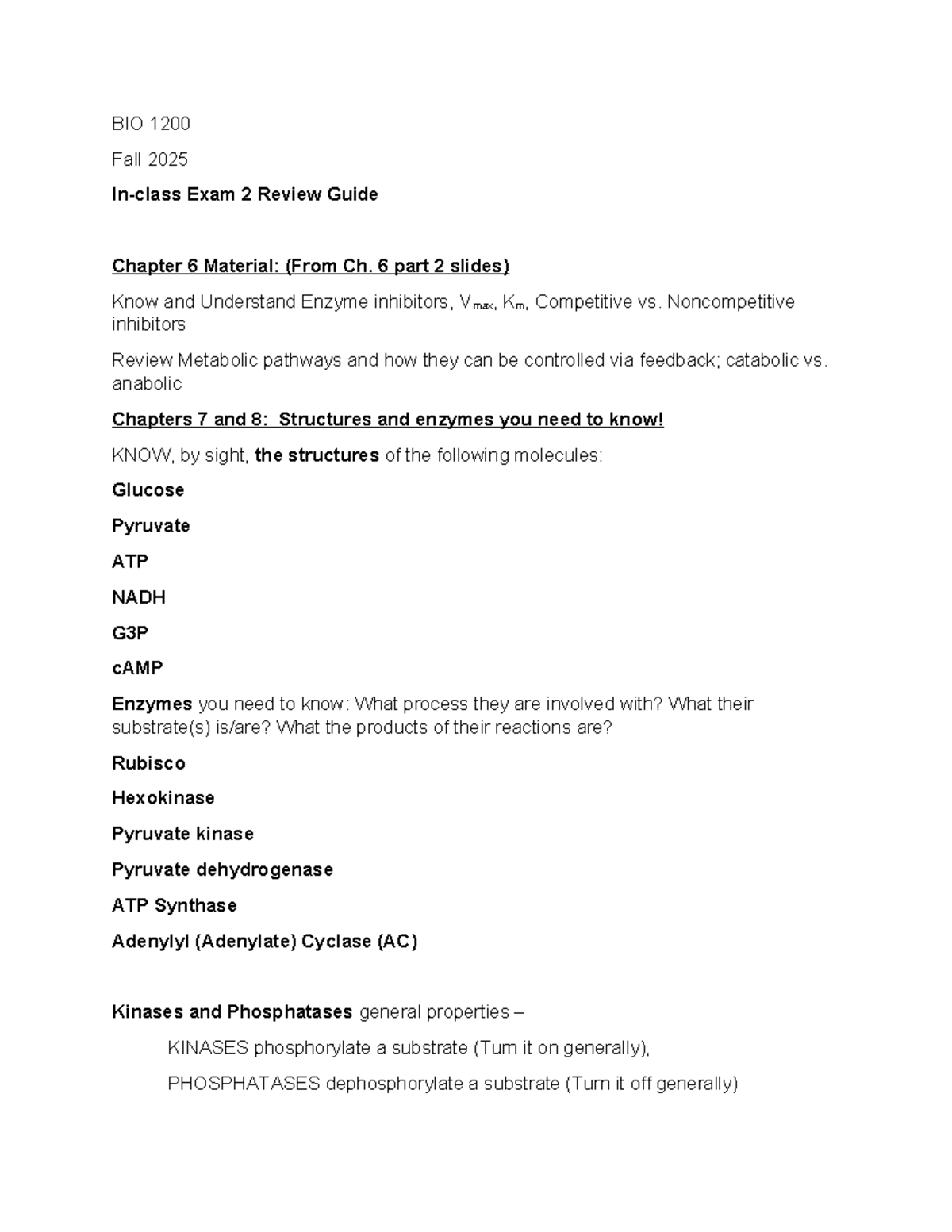 BIO 1200 Fall 2025 Exam 2 Review Guide: Enzymes & Metabolic Pathways ...