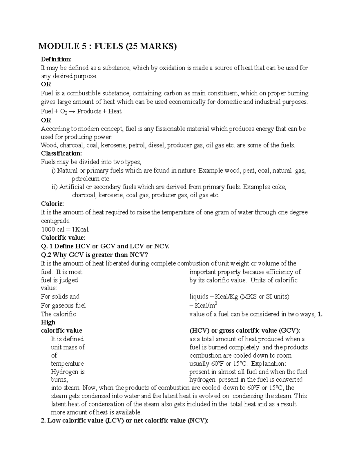 Fuels And Combustion Notes - MODULE 5 : FUELS (25 MARKS) Definition: It ...