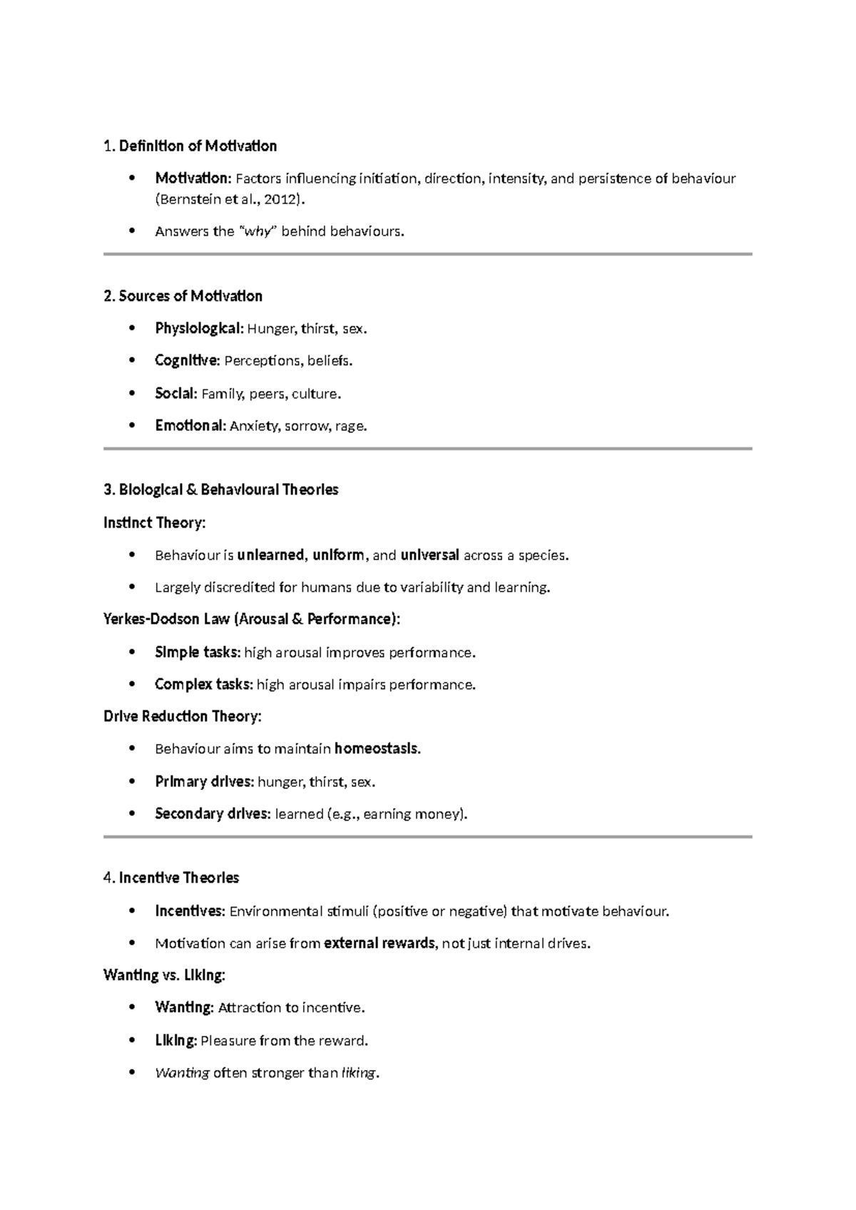 Psychology 101: Motivation Theories and Biological Influences Notes ...