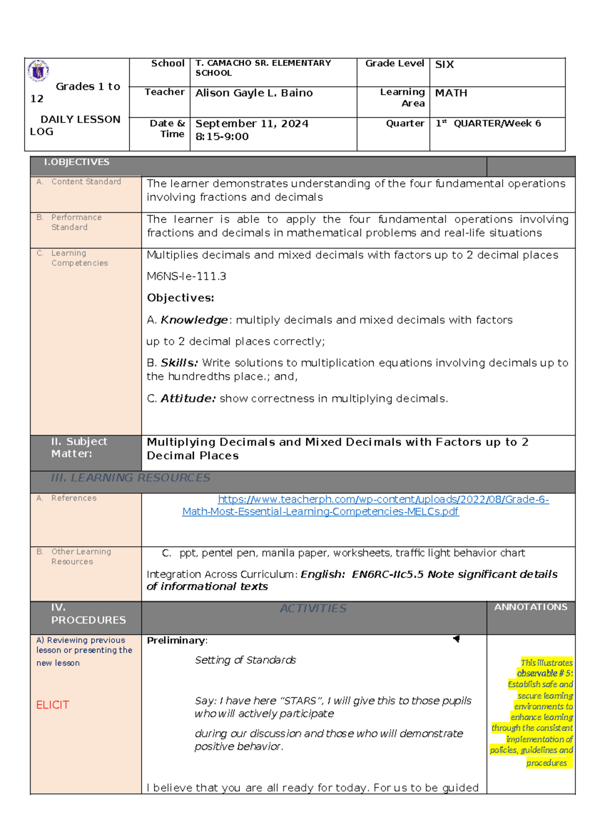 MATH 6 Q1 Week 6: Multiplying Decimals & Mixed Decimals Lesson Plan ...