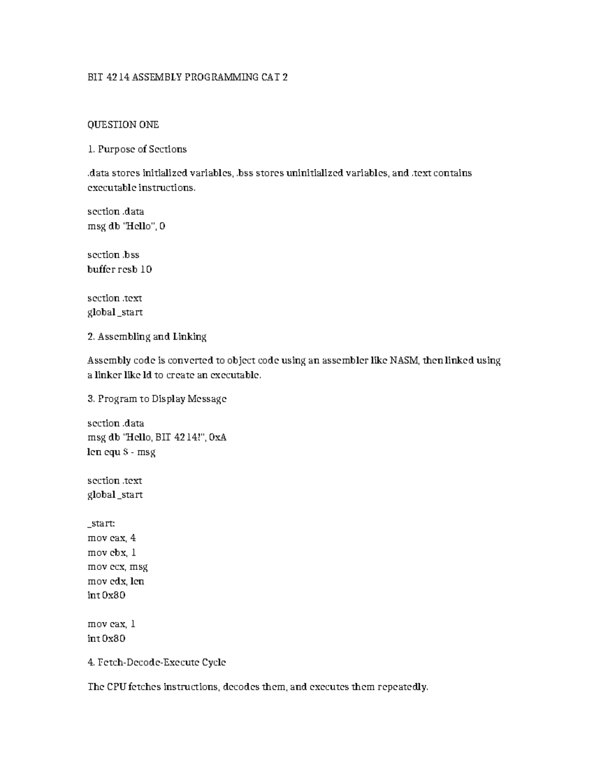 BIT 4214 ASSEMBLY PROGRAMMING CAT 2 STUDY NOTES - Studocu